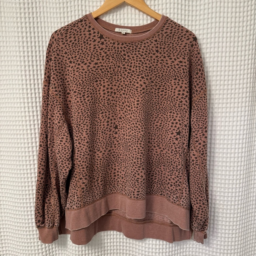 Z Supply Modern Weekender Oversized Long Sleeve Crewneck Brown Stars Size Small
